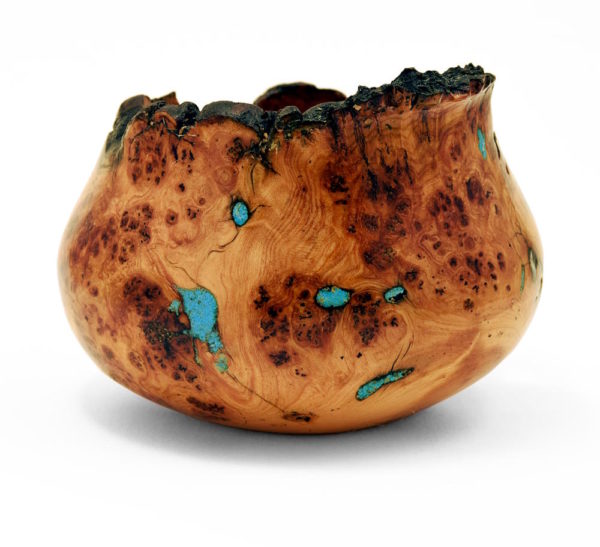 Back of aspen burl wood turning with turquoise inlay