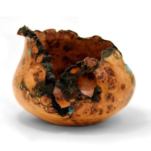 burl wood turning with intersting textures, holes and turquoise inlay