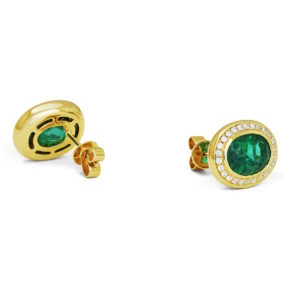 Yellow gold earrings featuring diamonds and emerald gemstones
