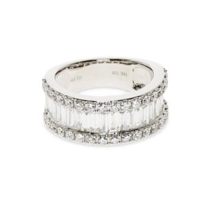 A medium width white gold band covered with diamonds