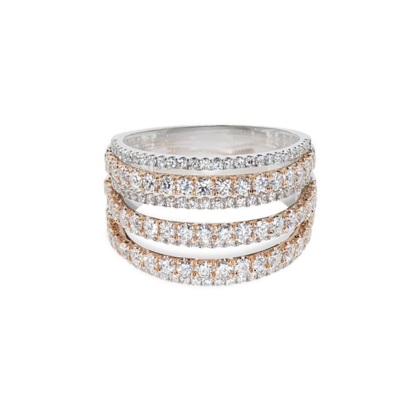 A white gold ring with multiple bands and diamonds