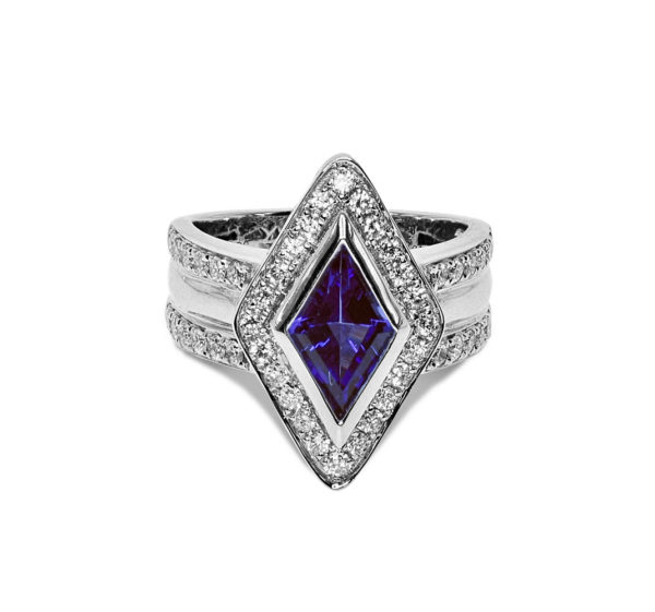 A white gold ring with a large tanzanite stone